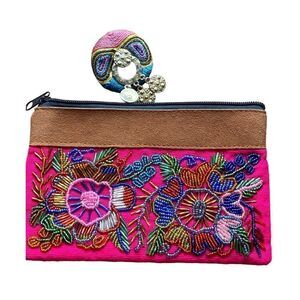 Mayan Hot pink beaded embroidered makeup bag suede top and matching pin